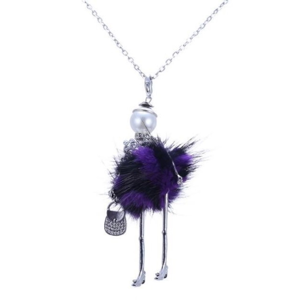 Handmade fur dress French doll pendant necklace